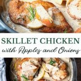 Long collage image of skillet chicken with apples and onions.
