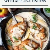 Skillet chicken with apples and onions with text title box at top.
