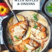 Skillet chicken with apples and onions with text title overlay.