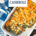 Overhead shot of spinach casserole with text title overlay