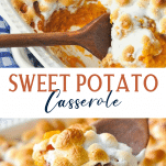 Long collage image of sweet potato casserole with marshmallows and pecans