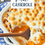 Overhead image of sweet potato casserole with marshmallows and pecans and text title overlay