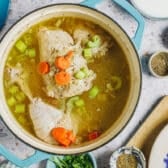 Making the chicken broth for a chicken and dumpling soup recipe.