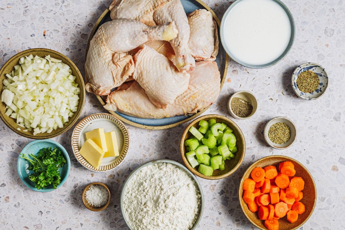 Ingredients for an old fashioned chicken and dumpling soup recipe.