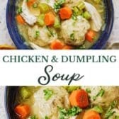 Long collage image of an old fashioned chicken and dumpling soup recipe.