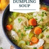 Old fashioned chicken and dumpling soup recipe with a text title overlay.