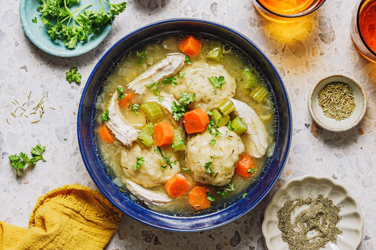 Horizontal overhead shot of a bowl of chicken and dumpling soup.