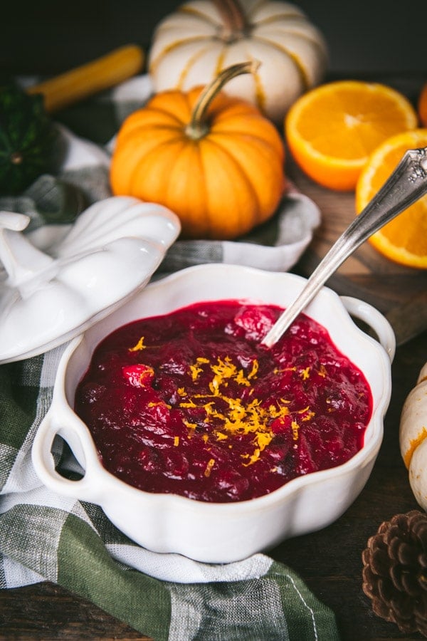 Overhead image of cranberry sauce with oj in a white bowl
