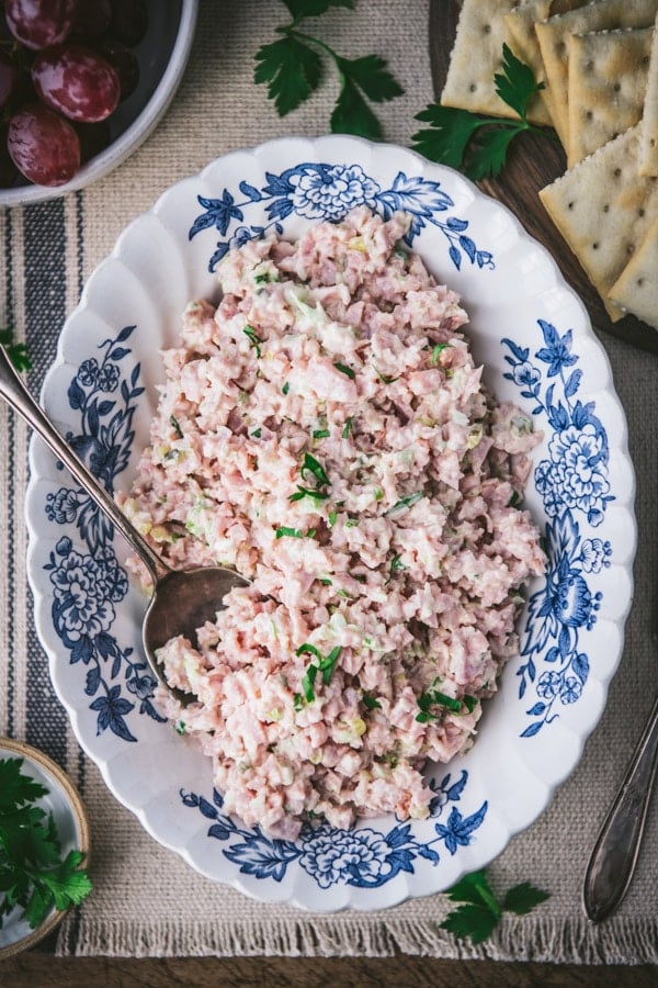 Close overhead shot of the best ham salad recipe in a blue and white bowl