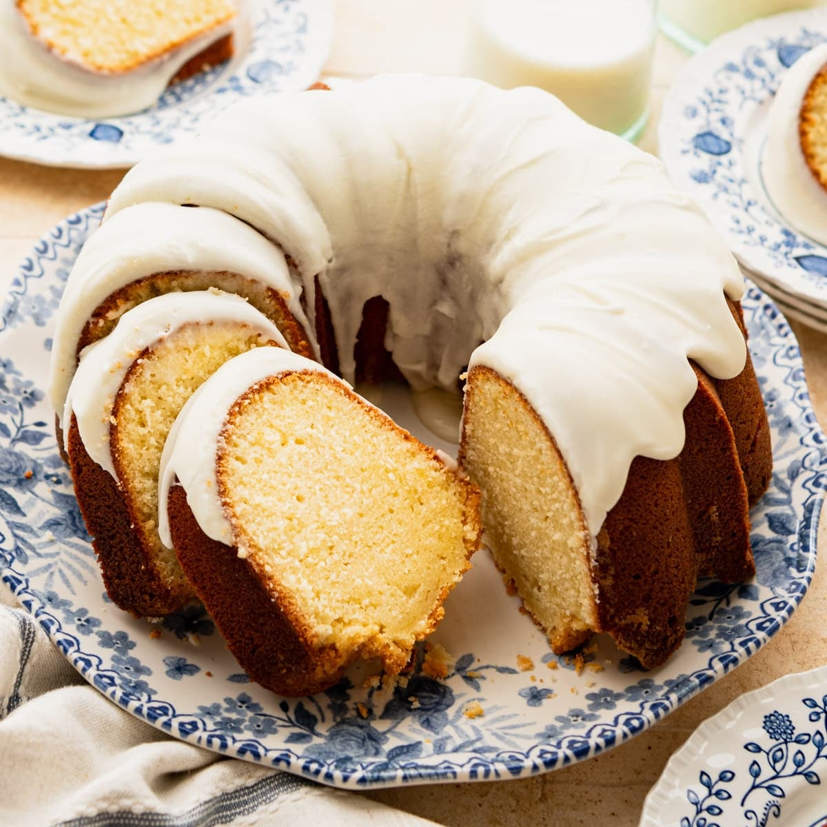 Square side shot of an old fashioned vanilla pound cake recipe.