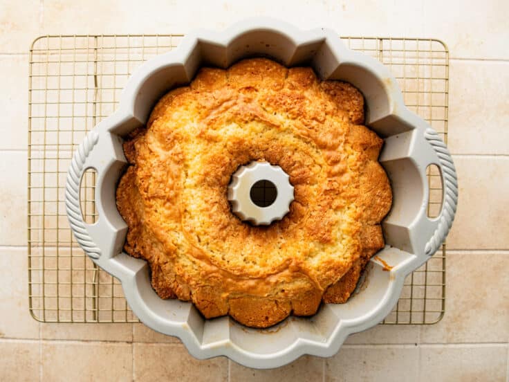 Vanilla pound cake baked in a Bundt pan.
