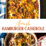 Long collage image of Amish hamburger casserole a sour cream noodle bake.