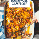 Hands serving Amish hamburger casserole with text title overlay