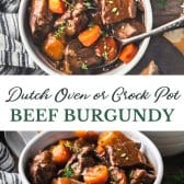 Long collage image of Beef burgundy (or Beef bourguignon) for the stove top or Crock Pot.