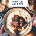 Overhead shot of a bowl of braised beef with text title overlay.