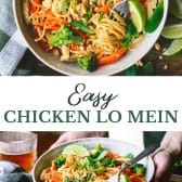 Long collage image of easy chicken lo mein recipe.