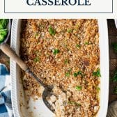 Chicken and stuffing casserole with text title box at top.