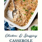 Chicken and stuffing casserole with text title at bottom.