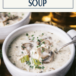 Side shot of a spoon in a white bowl full of creamy chicken and wild rice soup with text title box at top.