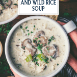 Overhead shot of hands holding a bowl of creamy chicken and wild rice soup with text title overlay.