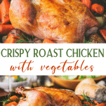 Long collage of crispy roast chicken with vegetables.