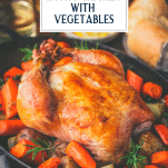 Close up shot of a golden brown roast chicken recipe with text title overlay