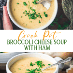 Long collage image of crockpot broccoli cheese soup