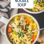 Spoon in a bowl of chicken noodle soup with text title overlay