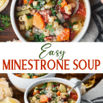 Long collage image of Easy Minestrone Soup that's better than Olive Garden