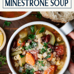 Close overhead shot of a bowl of easy minestrone soup with text title box at top.