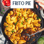 Overhead shot of frito pie on a table with text title overlay