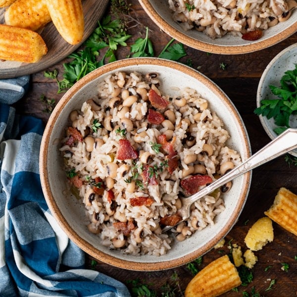 Overhead square image of a bowl of hoppin' john.