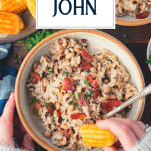 Eating cornbread with hoppin' john and text title overlay.