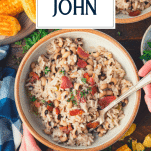 Overhead shot of hoppin john with text title overlay.