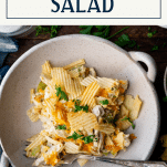 Hot chicken salad recipe in a bowl with text title box a top.