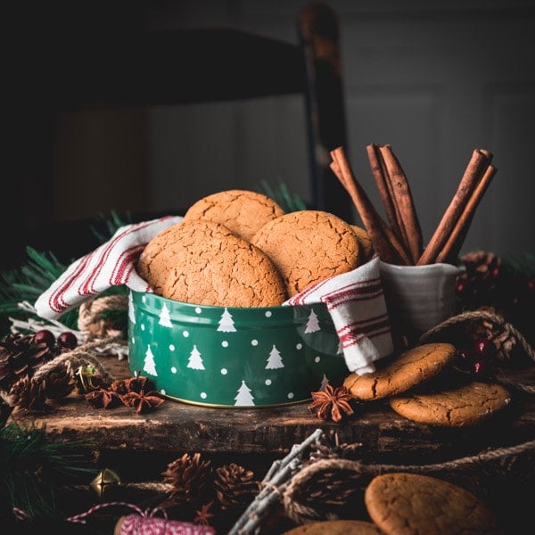 Square image of a tin of old fashioned gingerbread cookies.