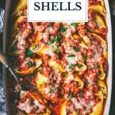 Recipe for stuffed shells with text title overlay