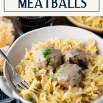 Close up side shot of Swedish meatballs with text title box at top