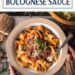 Hands holding bolognese sauce in a bowl with pasta and text title box at top.