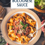 Overhead shot of hands eating a bowl of pasta bolognese with text title overlay
