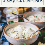 Side shot of chicken and bisquick dumplings with text title box at top.