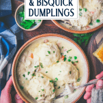 Overhead shot of hands eating a bowl of the best chicken and bisquick dumpling recipe with text title overlay