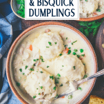 Overhead shot of a bowl of chicken and bisquick dumplings with text title overlay