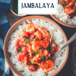 Close overhead image of a bowl of slow cooker jambalaya with text title overlay