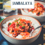 Close up side shot of chicken and shrimp jambalaya with text title overlay
