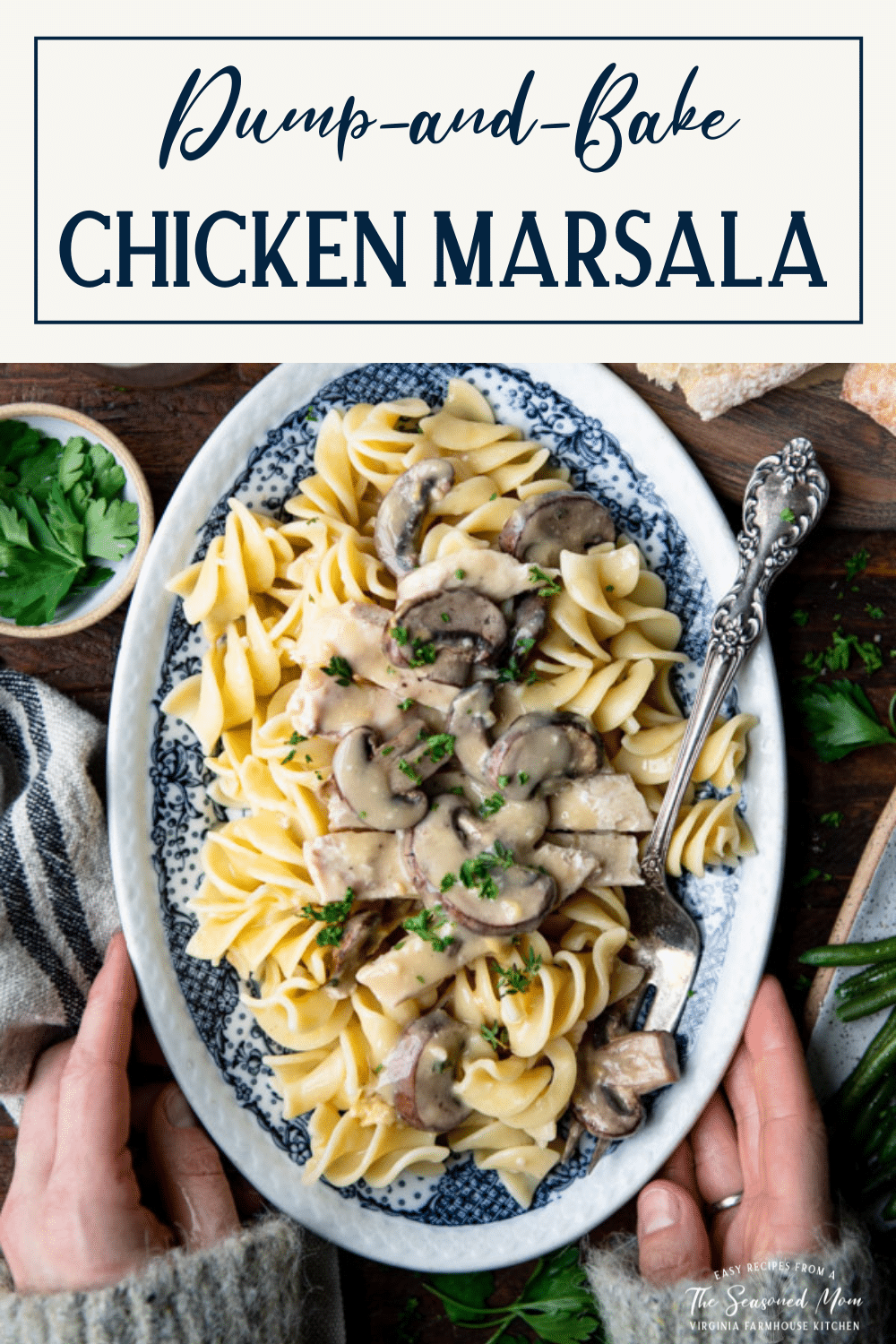Hands holding a platter of easy chicken marsala recipe with text title box at top