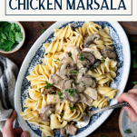 Overhead image of easy chicken marsala recipe on a platter with text title box at top