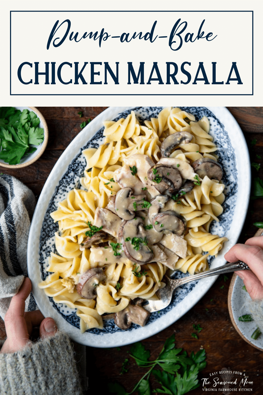 Overhead image of easy chicken marsala recipe on a platter with text title box at top