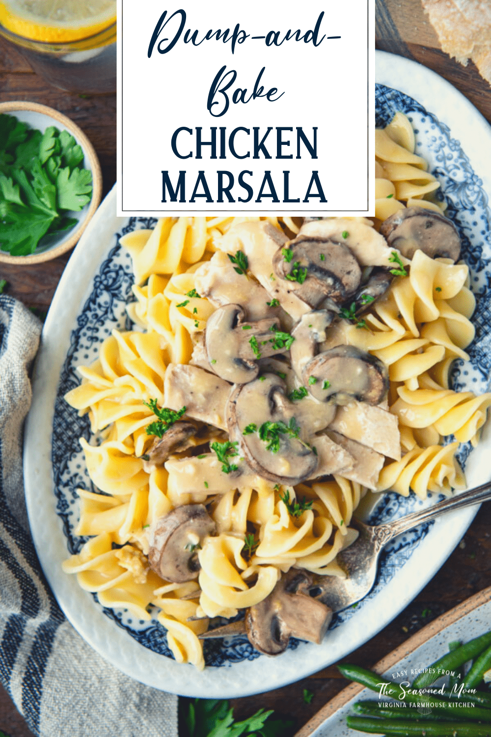Close overhead shot of chicken marsala with text title overlay
