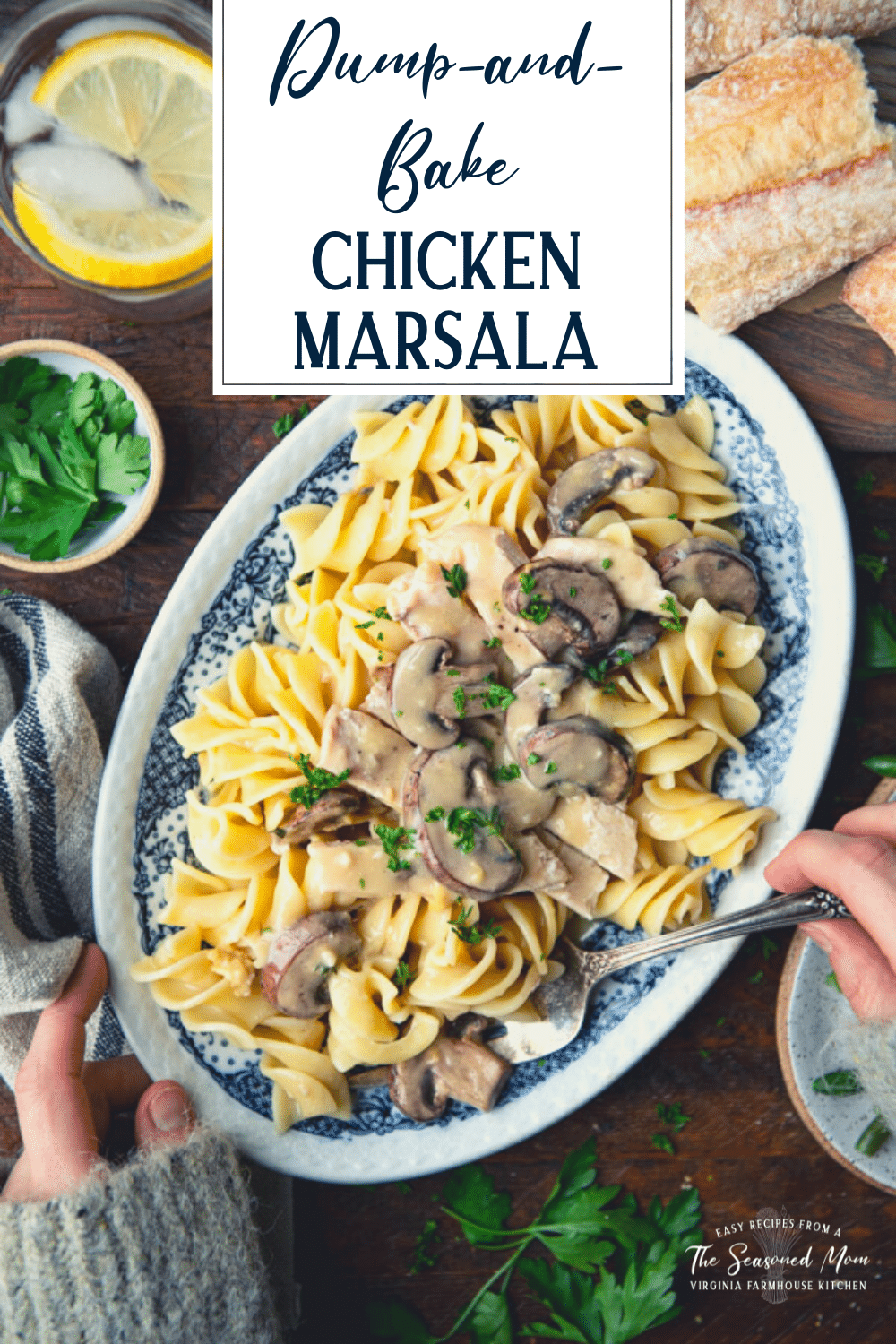 Overhead shot of hands eating an easy chicken marsala recipe with text title overlay